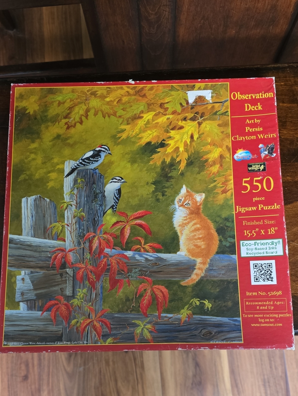Complete. Observation Deck 550-Piece Jigsaw Puzzle Featuring Cat & Birds